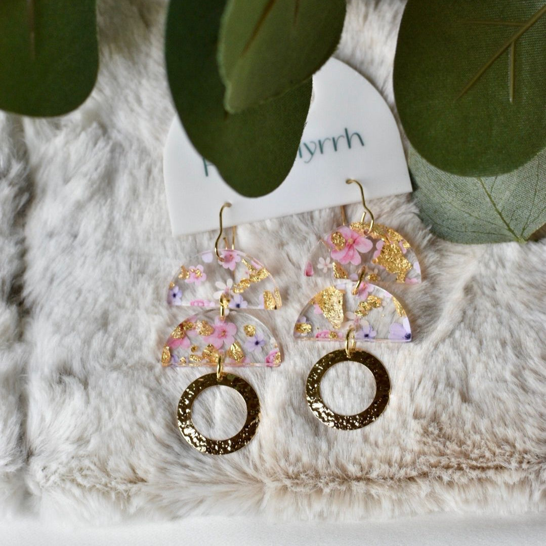 Flower Bomb Earrings with Floral and Gold Circular Design
