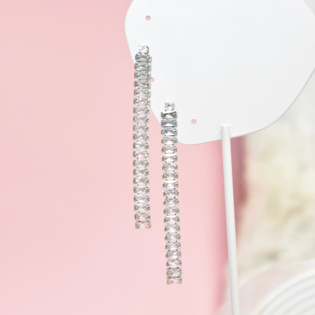 Sleek silver crystal bar drop earrings