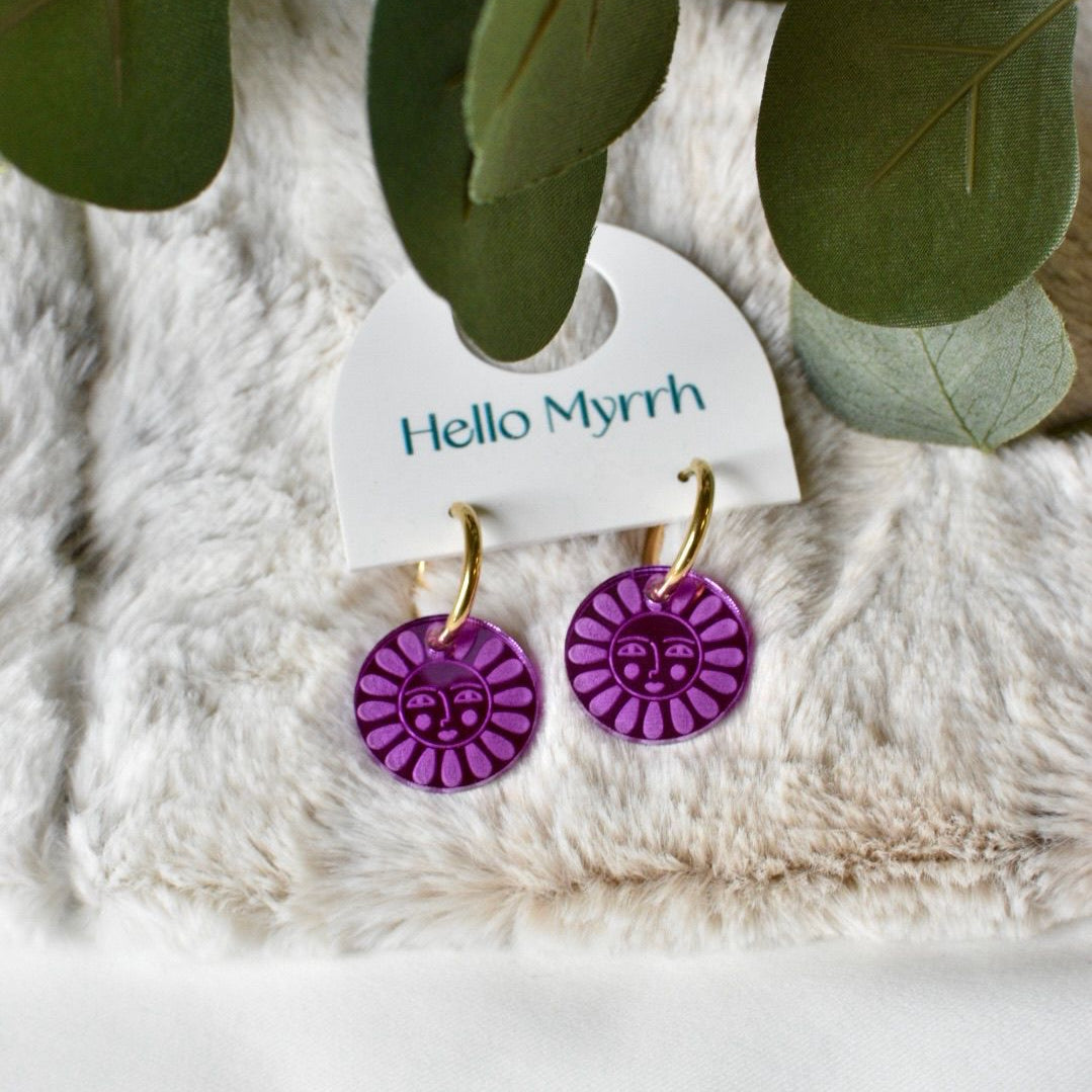 Sunny Earrings with Lavender Sun Motif and Gold Hoops
