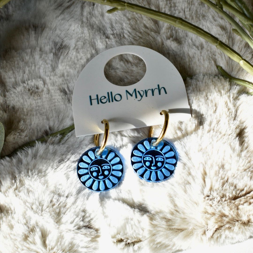 Sunny Earrings with Light Blue Sun Motif and Gold Hoops