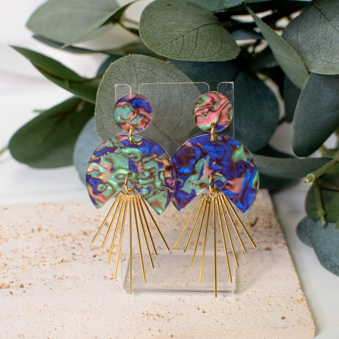 Psychedelic Dream Earrings with Colorful Swirls and Gold Accents