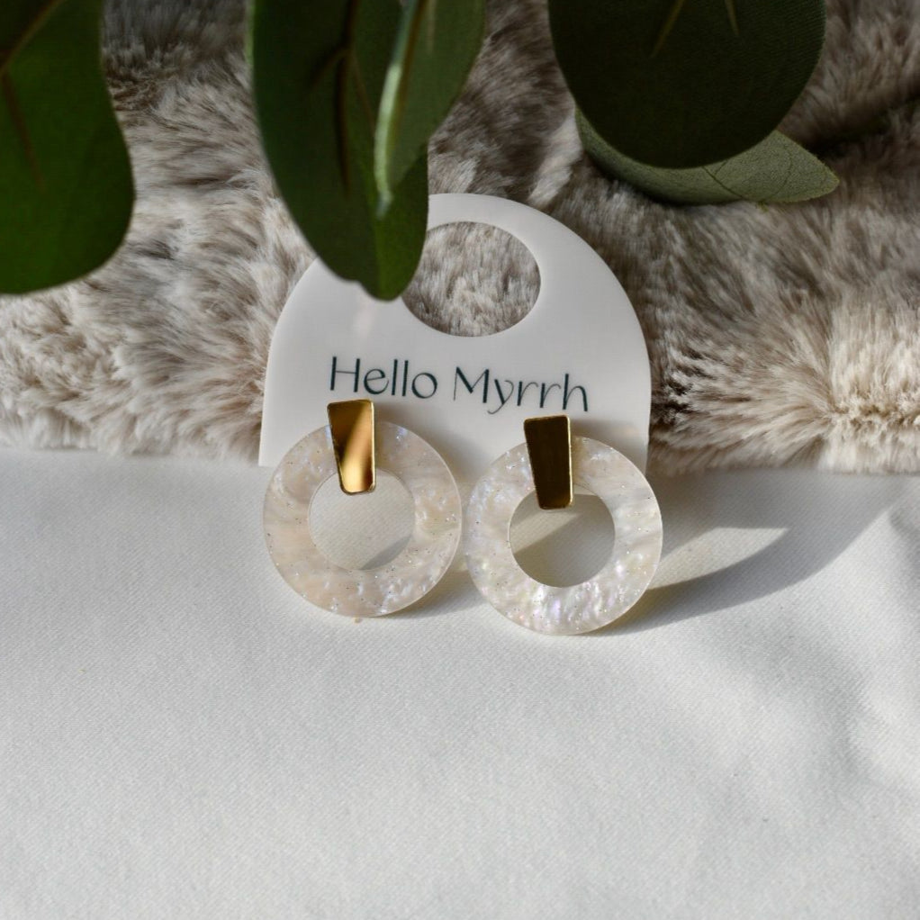 Elia Misty Pearl Earrings with Iridescent Circular Design and Gold Accents