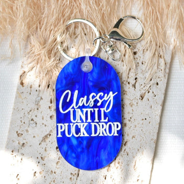 “Classy Until Puck Drop” Keychain - Blue & White