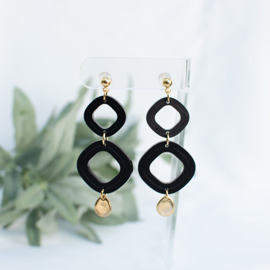 Halo-Black Earrings with Black Loops and Gold Accents