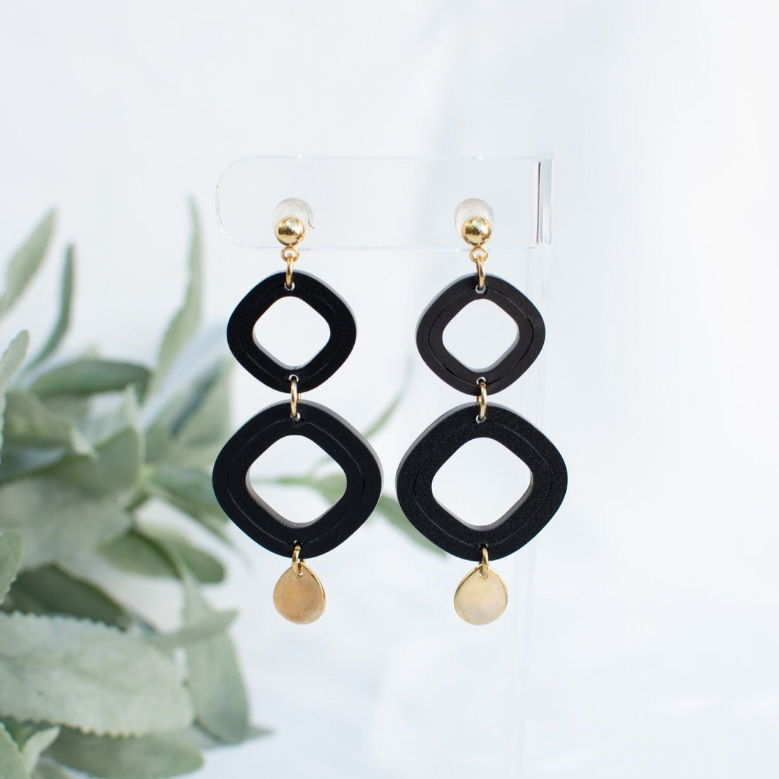 Halo-Black Earrings with Black Loops and Gold Accents