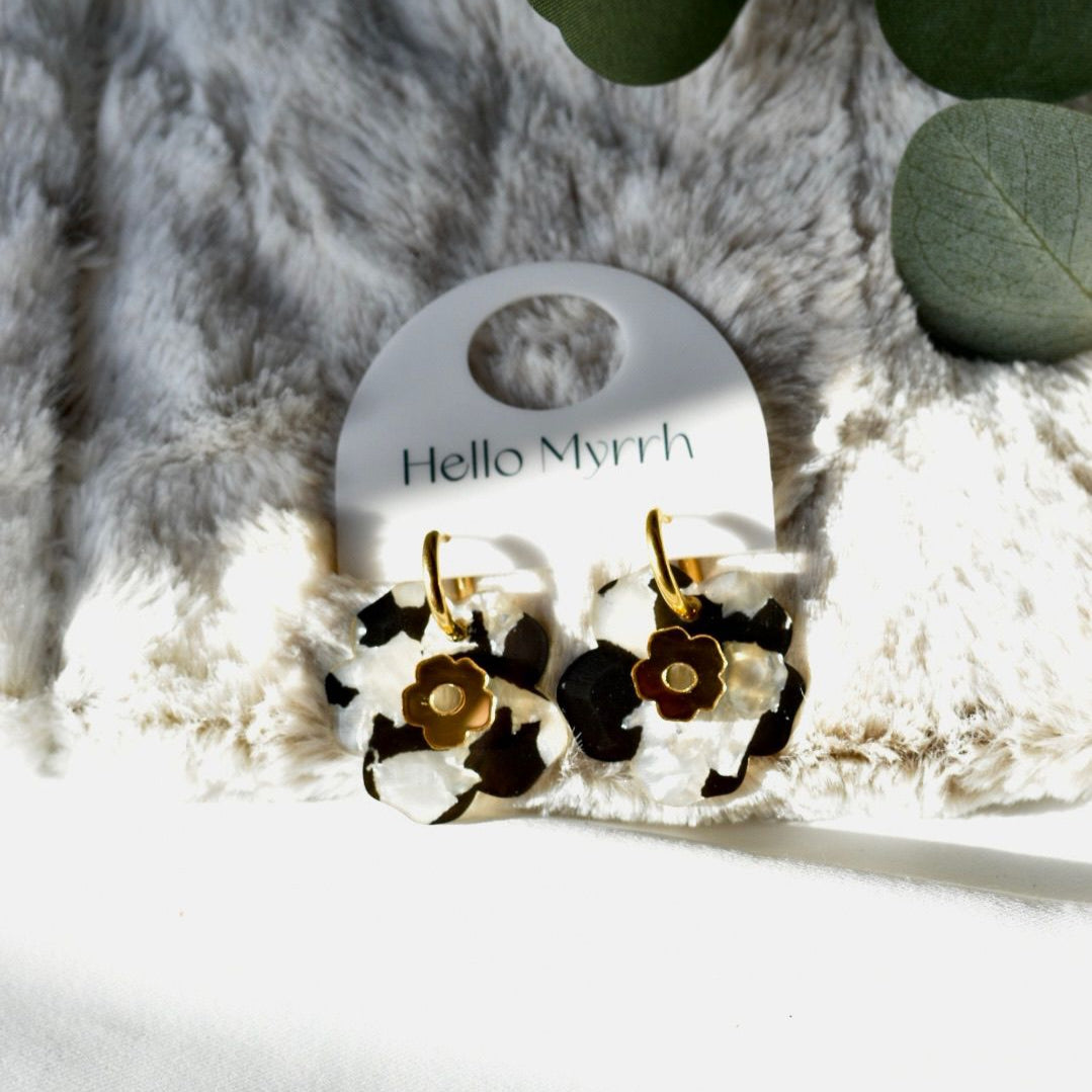 Camilla Bloom Earrings in Monochrome Petal with Black and White Floral Design