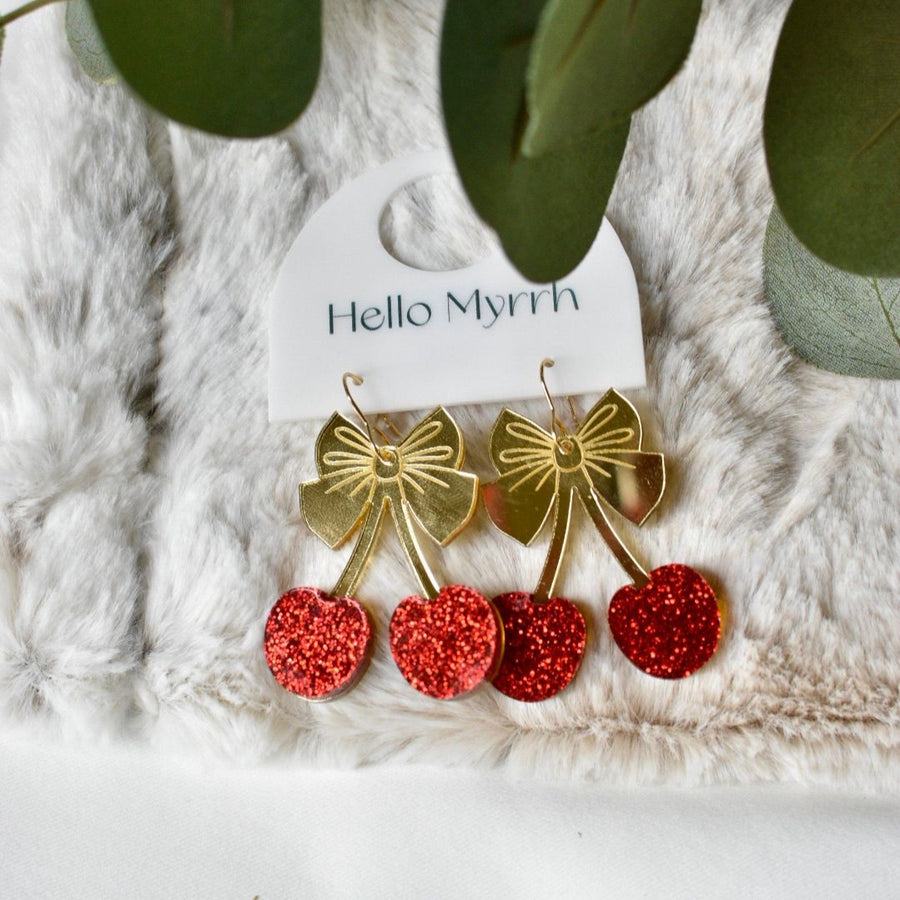 Cherie Blossom Earrings with Red Glitter Cherries and Gold Bows