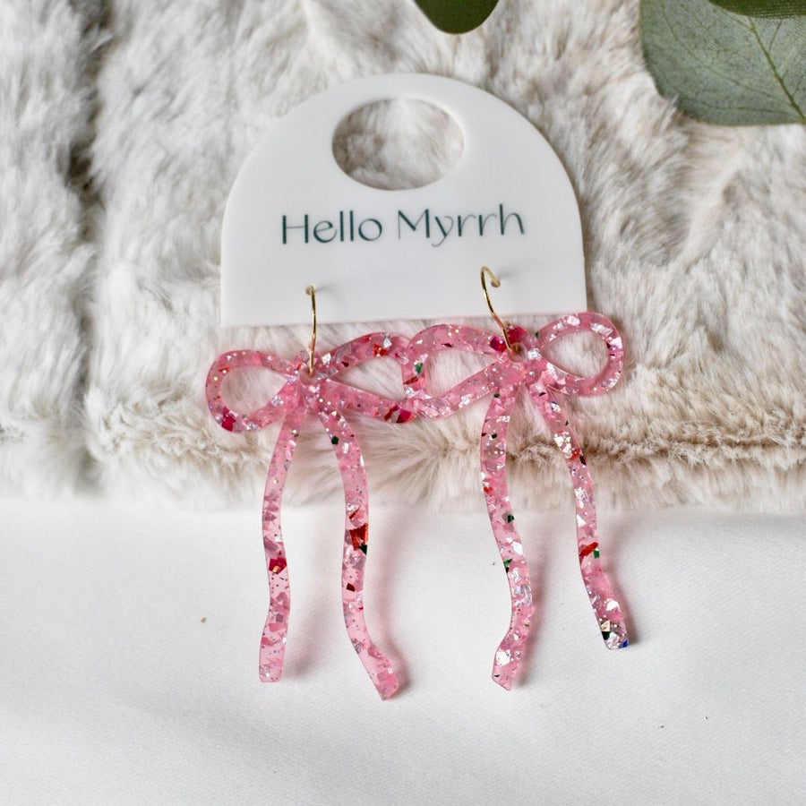 Dangle Bow Pink Earrings with Sparkly Pink Bow Design