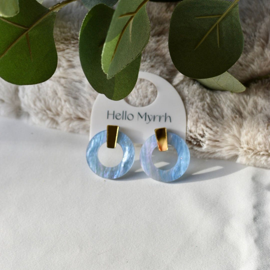 Elia Blue Skies Earrings with Soft Blue Circular Design and Gold Accents