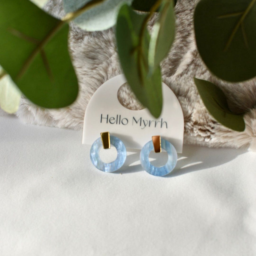 Elia Blue Skies Earrings with Soft Blue Circular Design and Gold Accents