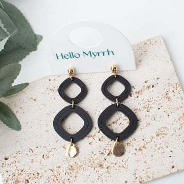 Halo-Black Earrings with Black Loops and Gold Accents