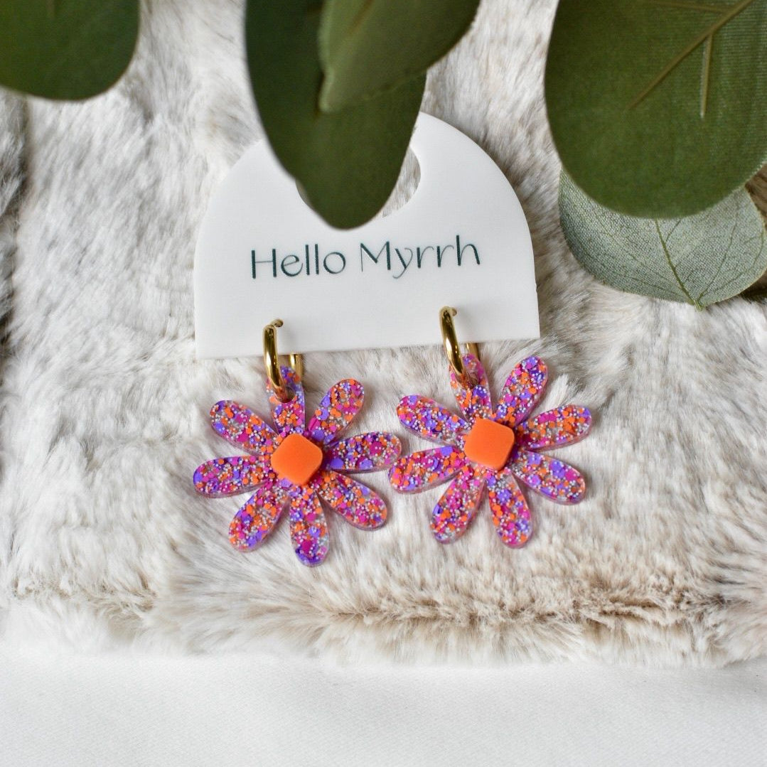 Muraya Earrings in Sparkle Blossom with Glittery Floral Design and Gold Hoops