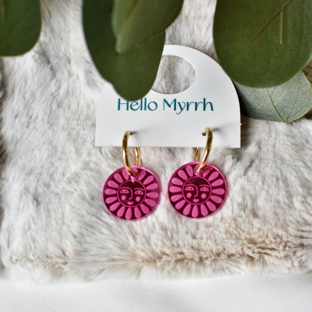 Sunny Earrings with Pink Sun Motif and Gold Hoops