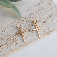 Trinity Earrings with Gold Hoops and Cross Charm