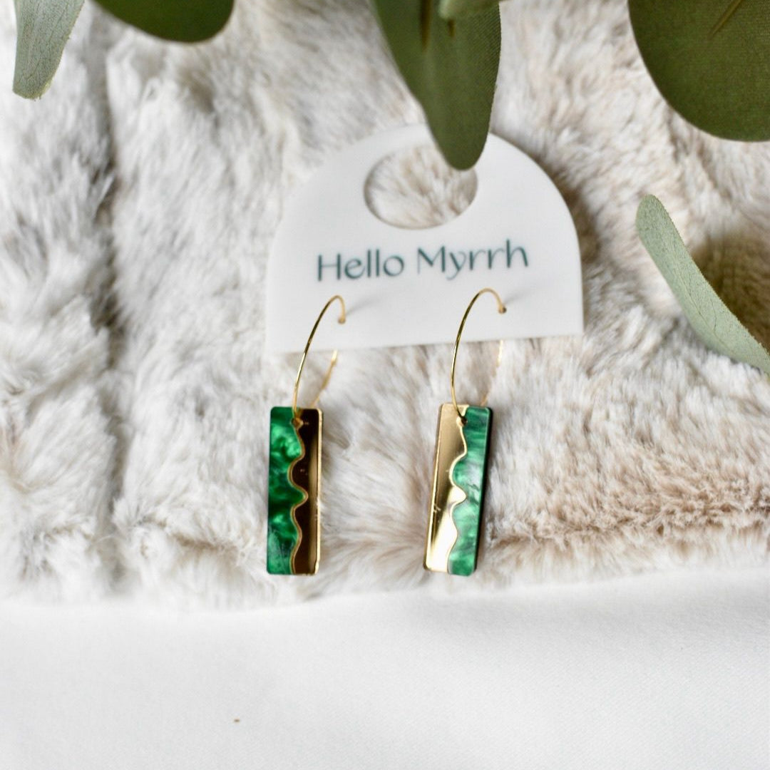 Zara Earrings in Emerald with Green Marbling and Gold Accents