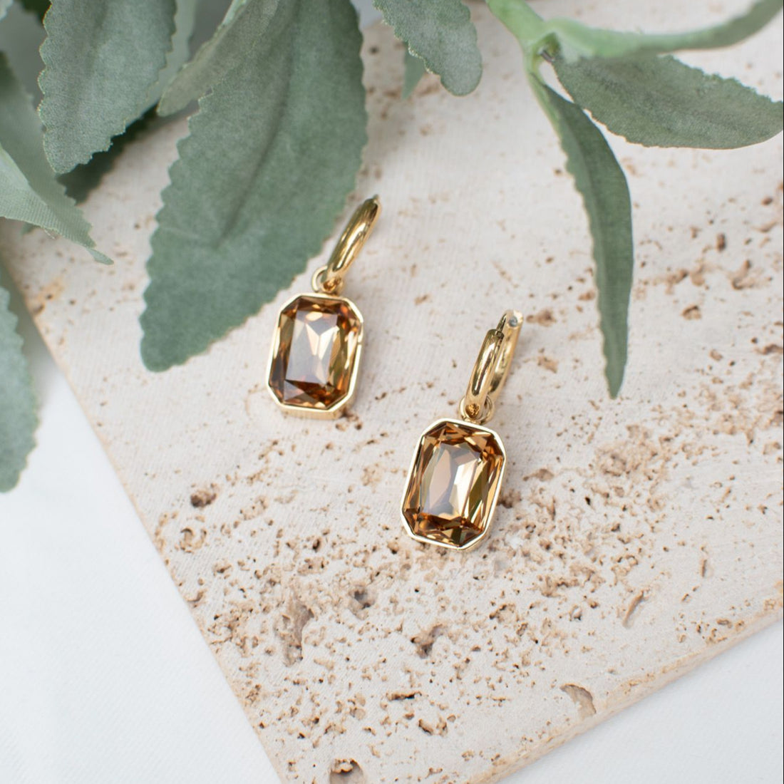 Amber Eloise Earrings with Warm Amber Gems and Gold Design