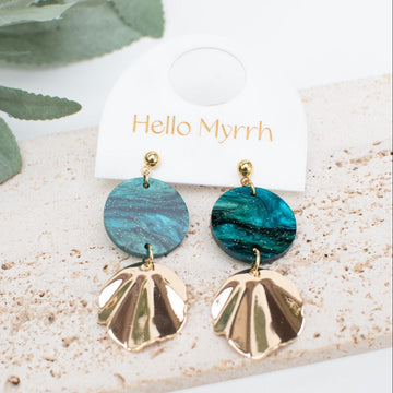 Oceanic Gleam Earrings with Teal Swirl and Gold Accents