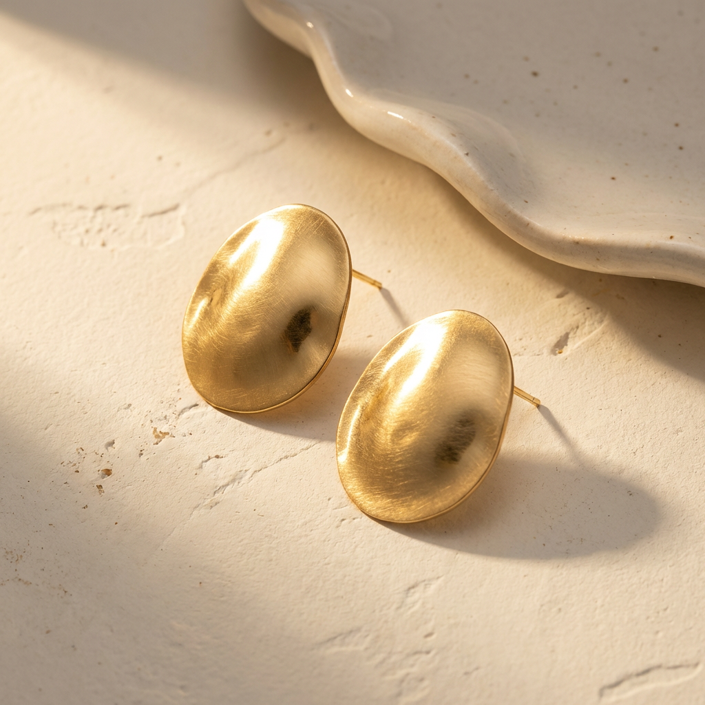 Gold tone stainless steel chunky oval dome statement stud earrings flat lay on sculptural ceramic edge backdrop with soft shadows