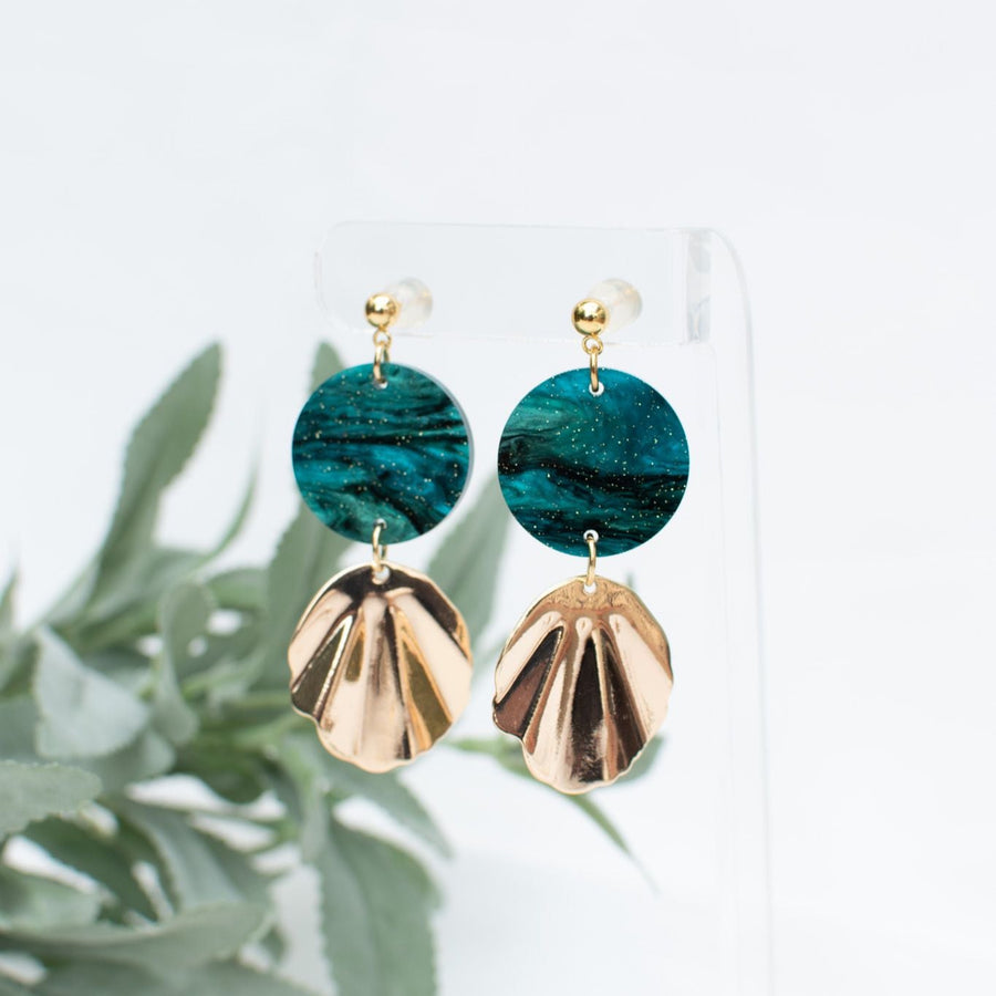 Oceanic Gleam Earrings with Teal Swirl and Gold Accents