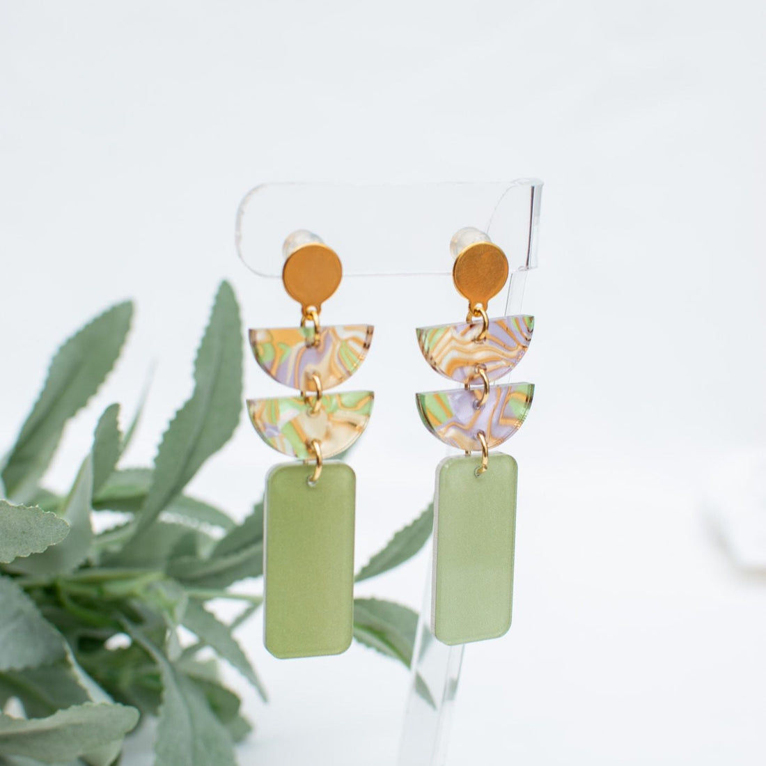 Serene Harmony Earrings with Green Tones and Delicate Patterns